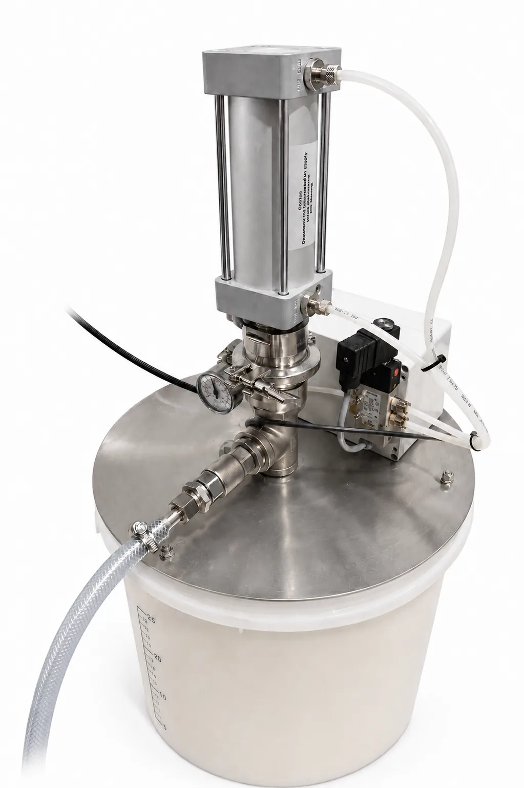Stainless steel pneumatic piston pump of the PF series, mounted on the follower plate of a 30 litre pail with a connected spiral hose